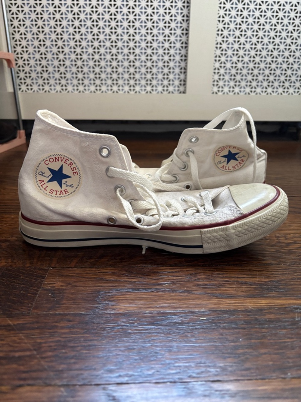 Converse High Top Sneakers in White with Red and Blue Accents